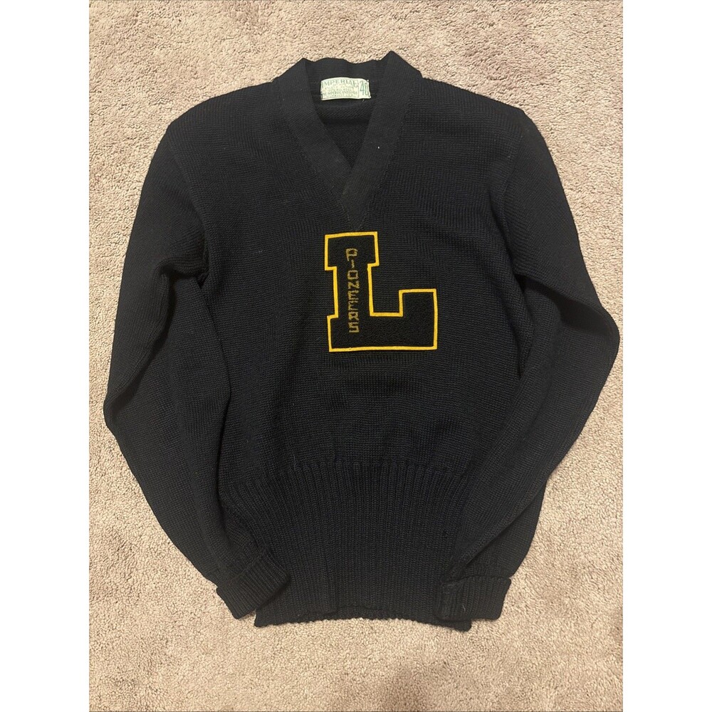 Vintage 50s Imperial Knit Letterman Varsity Sweater Size 40 Black Distressed